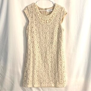Lace Beaded Sleeveless Pencil Sheath Dress Womens Size 14 Cream Midi Lined Pearl